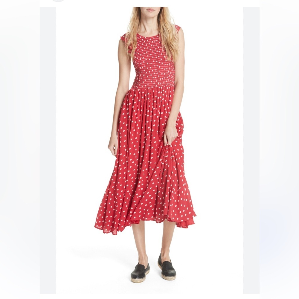 Free People Butterflies Smocked Midi Dress in Red Polka Dot - Picture 2 of 14